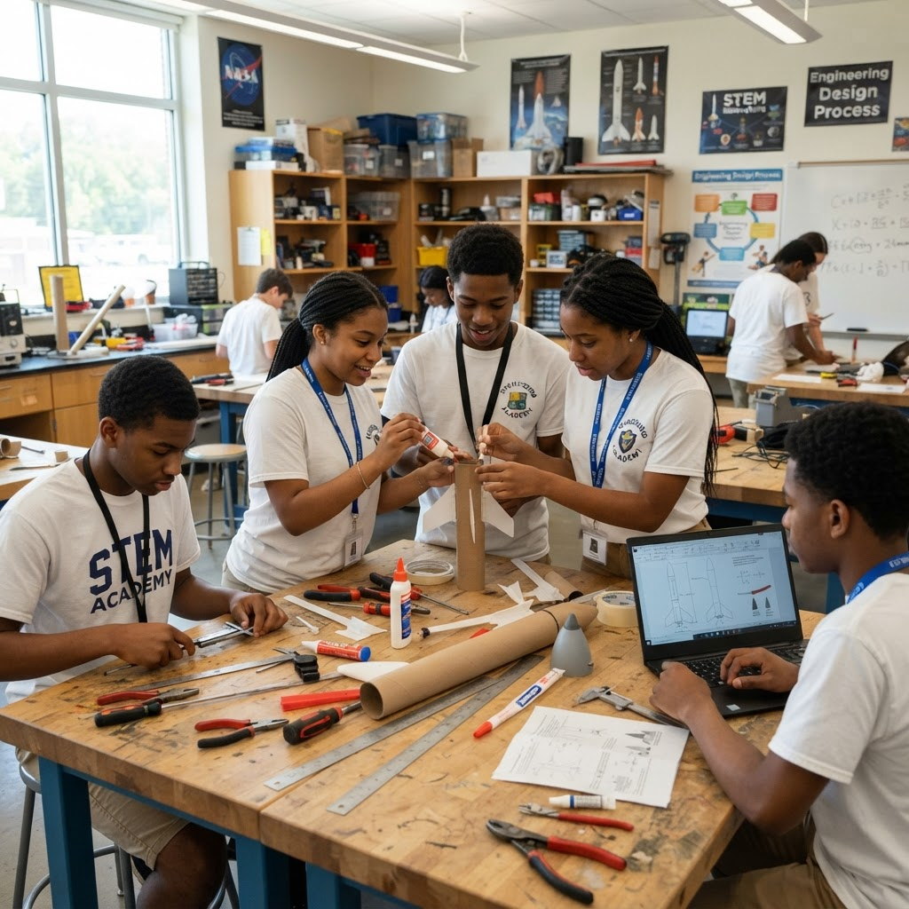 Students assembling a model rocket in an engineering workshop